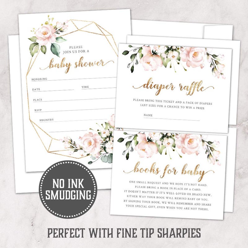 Hat Acrobat Set of 25 Boho Baby Shower Invitations for Girl - Floral Baby Girl Shower Invitations with Envelopes, Diaper Raffle Tickets, Book Request Cards - Elegant Baby Shower Invites for Girl - Image 5